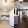 before after renovation shot of bland yellow and white kitchen with modern grey and white kitchen on right