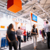 A busy trade show event with people walking to various booths