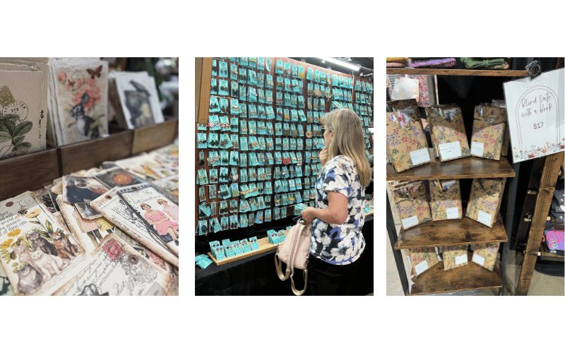 Custom vintage bookmarks, a middle aged blonde woman looking at earrings and a blind date with a book bag