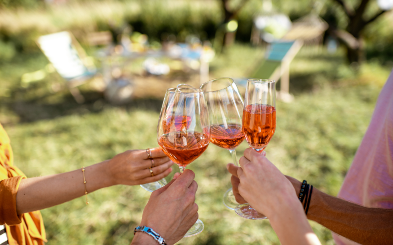 Group of friends cheersing rose wine in backyard at wine tasting