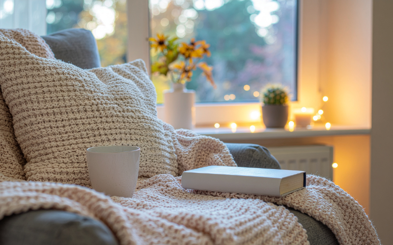 Pale brown woven blanket with white tea cup and book on couch in pale lit room by window cottagecore