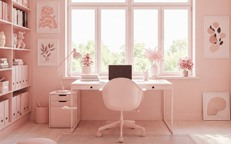 pink home office with custom houseplants, wall art and pink painted walls