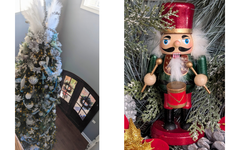 Katherine Brooke Design split screen of a tall decorated white designer tree on the left and a nutcracker surrounded by fake greenery and gold on the right