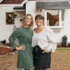 Leslie Davis wearing green dress with black spots next to Lyndsay Lamb wearing white sweater over black demin skirt smiling in front of house thumbnail