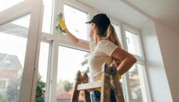 Spring Cleaning Lady Cleaning Windows Thumbnail Lady wearing black cap with hair in ponytail standing on ladder cleaning window with green cloth