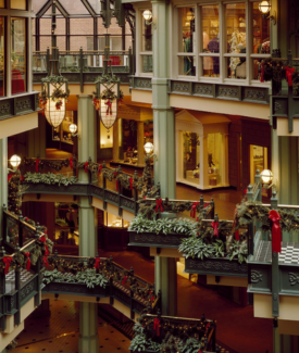 The Library of Congress boughs of holly with red bows decorating the railings