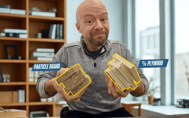 Bald white man holding two stacks of boards one particle board and one 5_8 plywood