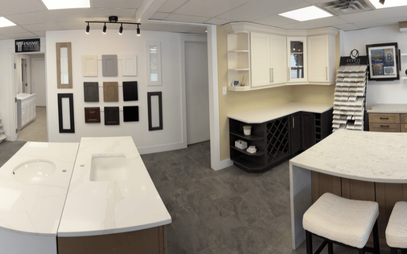 Cabinets and kitchen countertop in BluePrint Cabinets show room in Fredericton