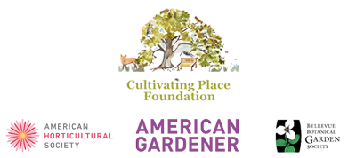logos for Cultivating Place Foundation, American Horticultural Society, American Gardener, and BBGS