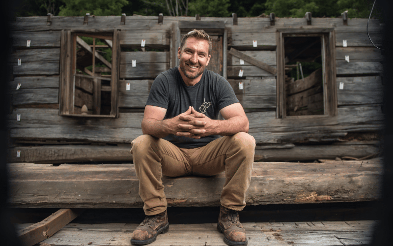 Mark Bowe Headshot Sitting on Log Wooden Cabin Steps wearing grey tshirt and brown pants smiling at camera