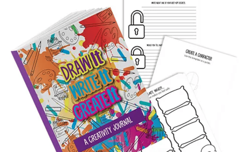 a book cover with a colouring book image and white writing paper