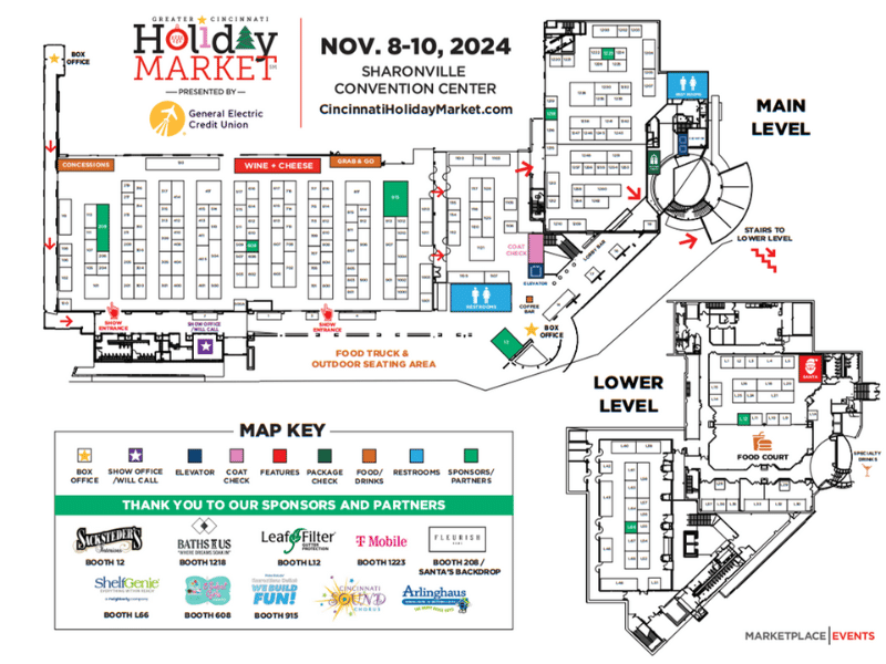 Black and white map of show floor of CIncinnati Holiday Market showing booth numbers