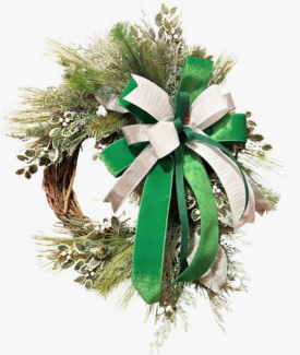 DIY Green Wreath with wicks, sticks and white and green bows