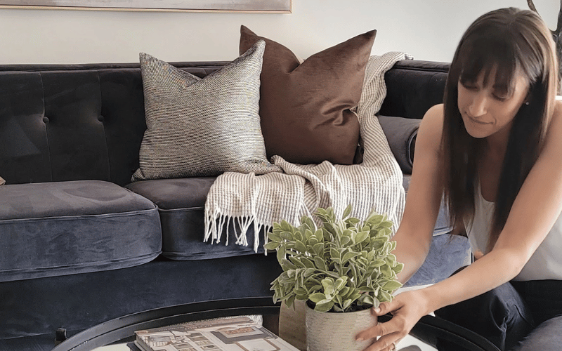 woman placing a small plant on a coffee table 