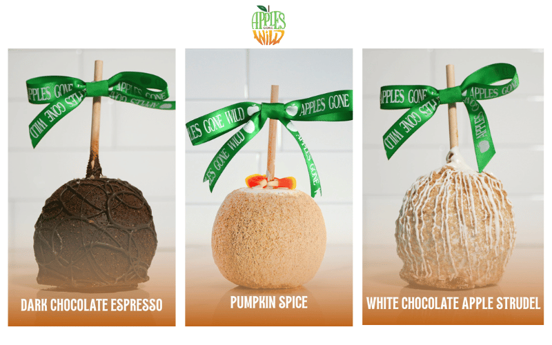 3 caramel apples in different flavors