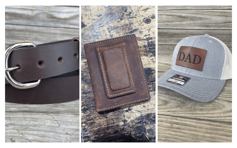 a leather belt and leather wallet placed on a wooden table 