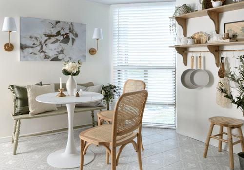 white modern kitchen with freshly painted walls and table