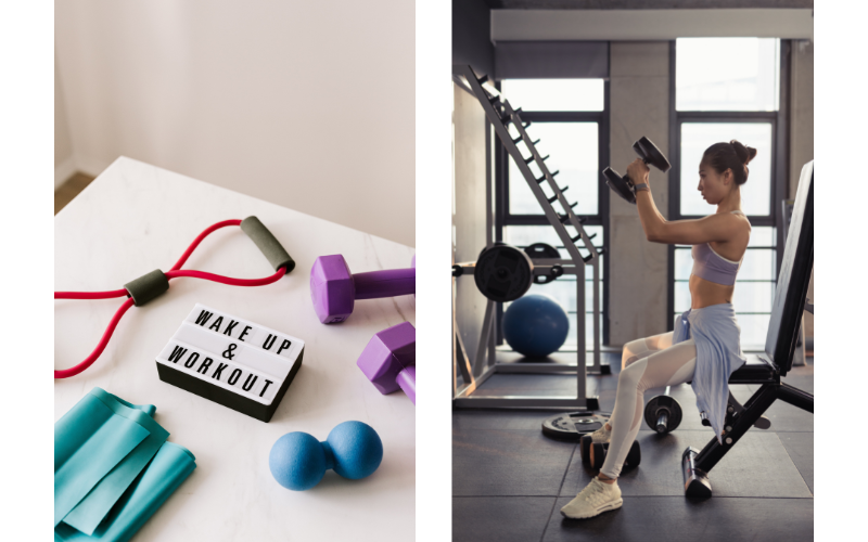 Split screen of bright colored exercise bands and a sign reading