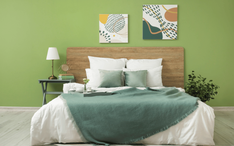Bedroom with pale lime green wall, houseplants and matching blanket and throw pillow over white bedsheets