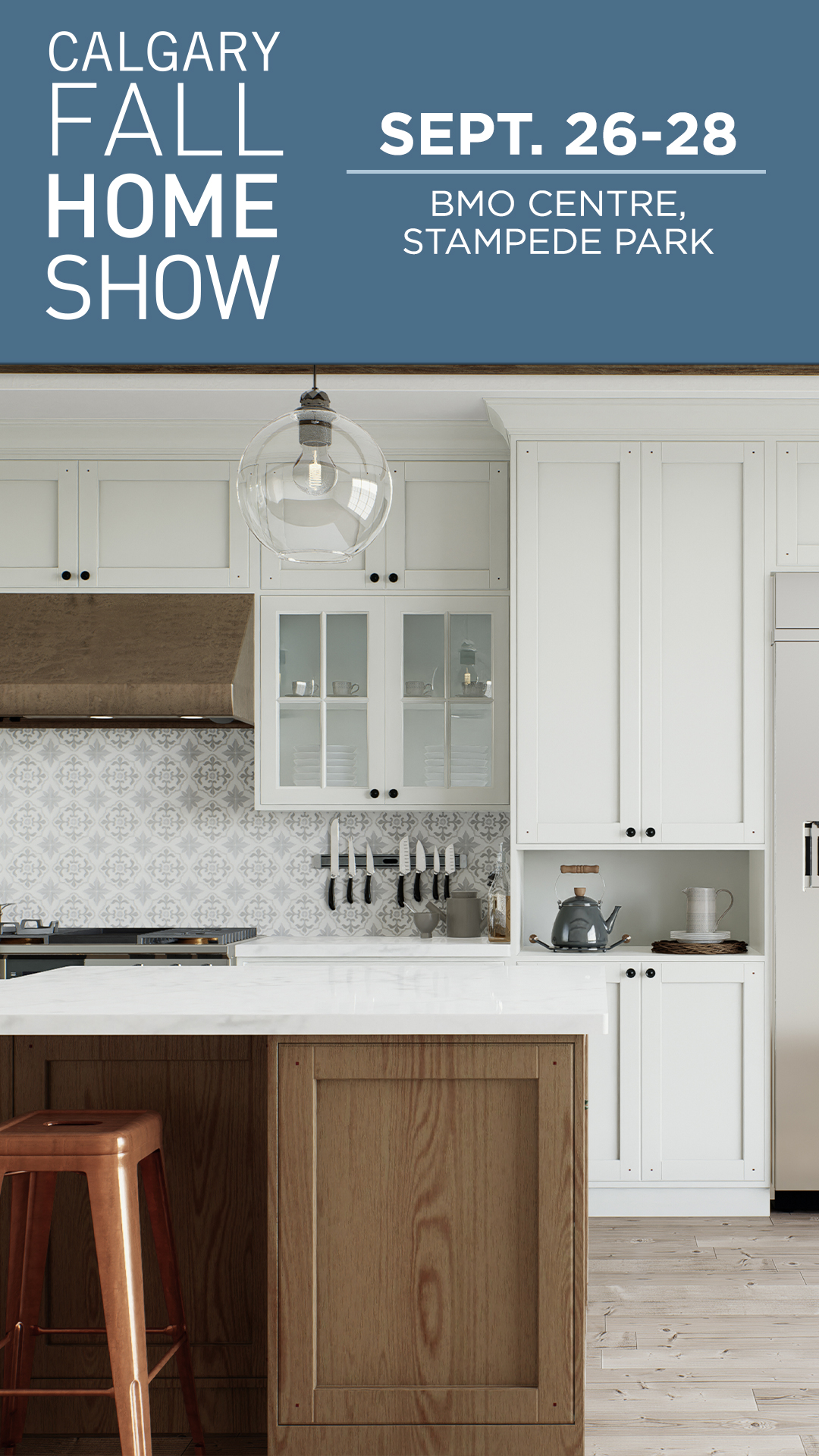 Kitchen with show dates and logo