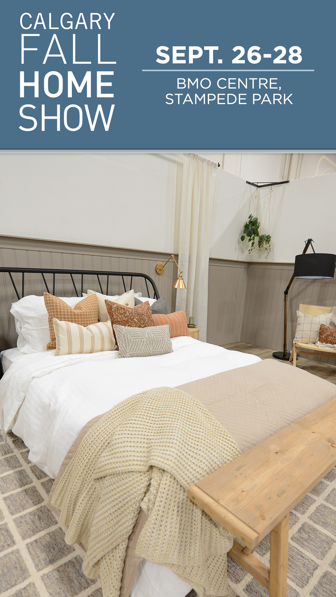 Bedroom with show dates and logo