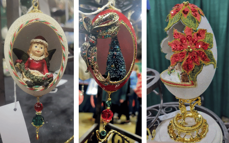 Three custom Fabergé-style decorated Christmas eggs