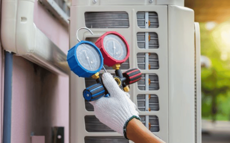 Gloved hand examining outdoor HVAC unit