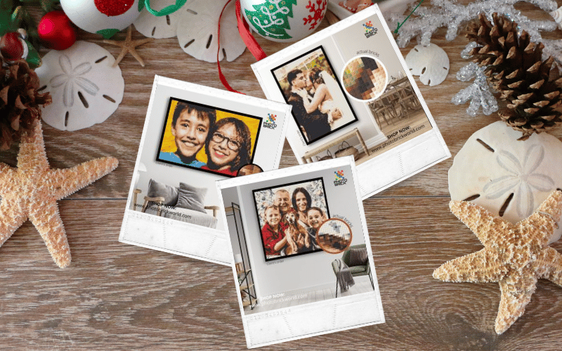 Coastal Christmas background with polaroid images of PhotoBrick products