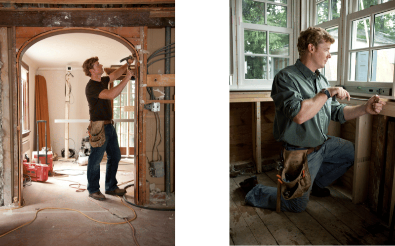 split screen of PBS' Kevin O'Connor doing home renovation projects on an archway and a window sill