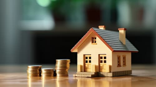 coins with a miniature wooden house