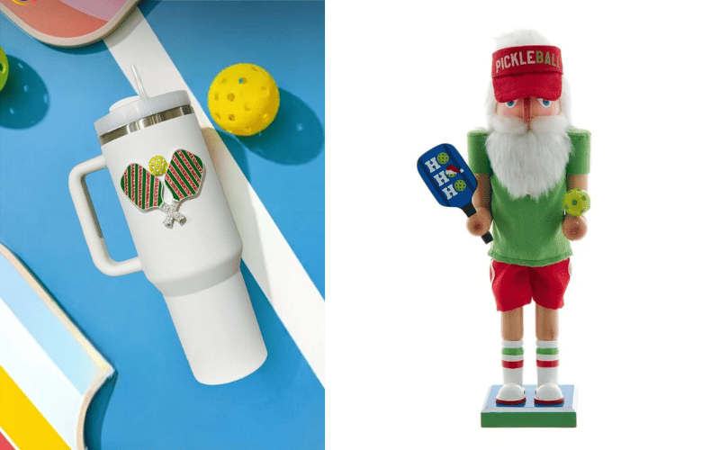 Pickleball Gifts from Dink to the Brink a tumbler with a pickleball bedazzled paddle on it and a pickleball themed nutcracker