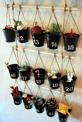 Advent calendar made from hanging buckets