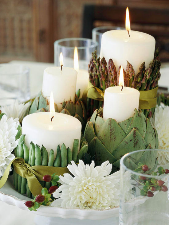 Artichoke and green bean candle holders